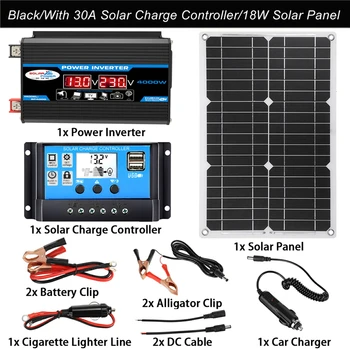110V/220V, Sistema de Panel Solar 18V18W Panel Solar 30A Controlador de Carga 4000W de Coche Inversor Solar Kit Completo de Generación de Energía Kit