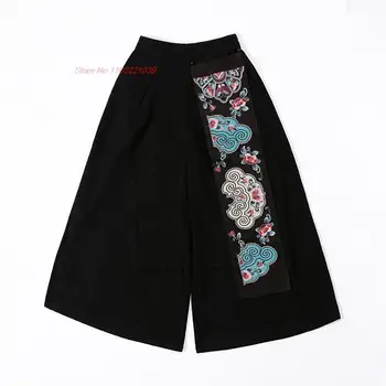 2023 chino vintage pantalones pantalones nacional de harajuku de las mujeres de cintura elástica pantalones de pierna ancha de flores bordado pantalones sueltos