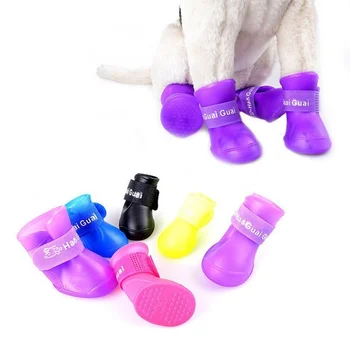 4Pcs/set Mascota de Silicona Botas de Lluvia del Perro Botines de Goma Portátil Perro antideslizante de Color Caramelo Calzado Impermeable Perro Gato Lluvia Zapatos