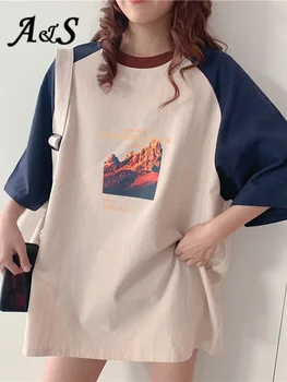 Corea del Estilo de la Camiseta de las Mujeres de Patchwork Gráfico O-cuello de Tres Cuartos de Manga T-shirt Preppy Estilo de Diseño Elegante Kawaii Niñas Tops