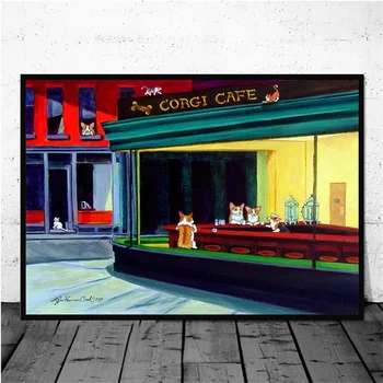 Corgi Café Vintage Lienzo de Pintura Abstracta Animales Perros Café Cartel de la Pared de Impresión del Arte de la Imagen para la Sala de estar Decoración del Hogar