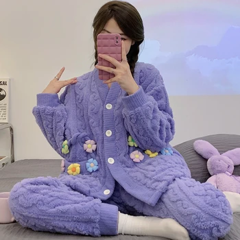 Dulce Pijama Conjuntos de las Mujeres de Invierno Espesar coreano Flojo de dibujos animados ropa de dormir Pijama Mujer Pijama traje Kawaii Suave y Cálida Botón de Pijama