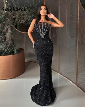 Elegante Negro Dubai De Noche Vestidos De Fiesta Vestido De 2023 De Lujo En Una De Las Mangas De Perlas Cristales De Lentejuelas Vestido De Boda De La Celebridad Vestido De Fiesta De Graduación