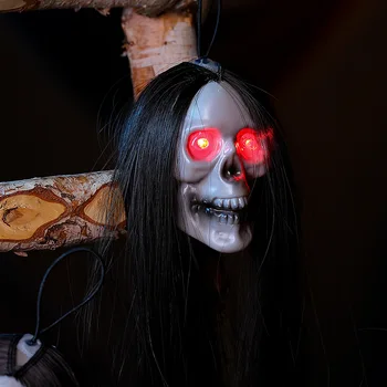 Halloween Fantasma Colgante de Calavera con el Pelo Largo y Ojos Brillantes Terror Cráneo Fantasma de la Casa Esqueleto de la Cabeza de Props 2023 Decoración de Halloween