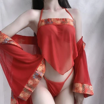 Japonés Sexy la Perspectiva de la Mujer de Kimono Disfraz Erótico Tradicional 3pcs Conjunto Uniforme de las Damas de la Moda Cosplay Pijamas Ropa