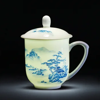 Jingdezhen Cerámica de la Taza de Té pintados a Mano bajo cubierta azul y blanco de la taza de porcelana con tapa de agua en el hogar taza de porcelana de la taza de té