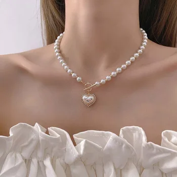La moda en Forma de Corazón de Imitación de la Perla Colgante de Collar de las Mujeres Dulces de la Fiesta de la Boda de la Vendimia de corea Accesorios de la Joyería Regalos
