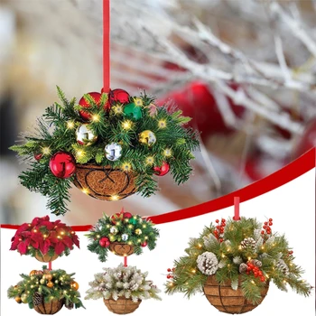 La navidad Artificial Colgante Cesta de la Flor 2d Verde Rojo Corona de la Planta Colgante del Árbol de Navidad de Adornos Para la Navidad Decoraciones para el Hogar