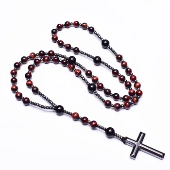 La Piedra Natural Ojo de Tigre Rojo Onyx Católica Cristo Rosario Collares Con Hematita Cruz Colgante de Collar de los hombres de las mujeres de la Joyería