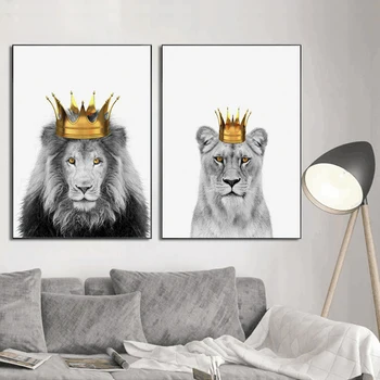 León Con la Corona de Carteles y Grabados, Pintura en tela, en Blanco Y Negro de la Pared de Arte Para la Sala de estar Moderna Decoración del Hogar, Fotos de Animales