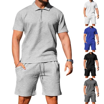 Los hombres camisa de polo de los hombres casual de manga corta de la solapa de la camiseta de la textura de los pantalones cortos de la camisa de polo de dos piezas de este conjunto
