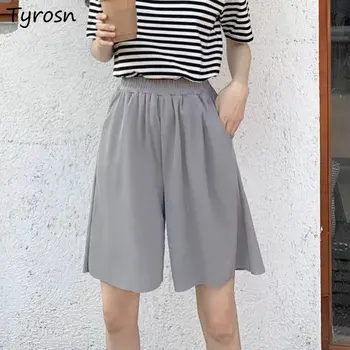 Pantalones cortos de las Mujeres Sólido Simple de Verano de Alta Cintura de la Moda de Diseño Acogedor perder el partido de Ocio coreano Nuevo Estilo Elegante y Deportivo de los Estudiantes