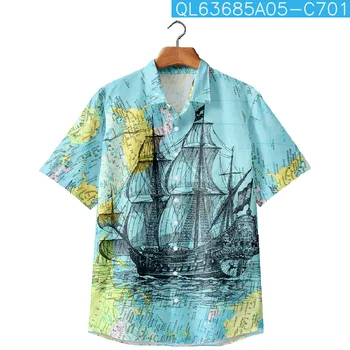 Plus Tamaño Transpirable Hawaiano Azul, Barco de Impresión de la Playa de las Camisas de los Hombres de Verano de Manga Corta Camisa Casual Botón de la Blusa